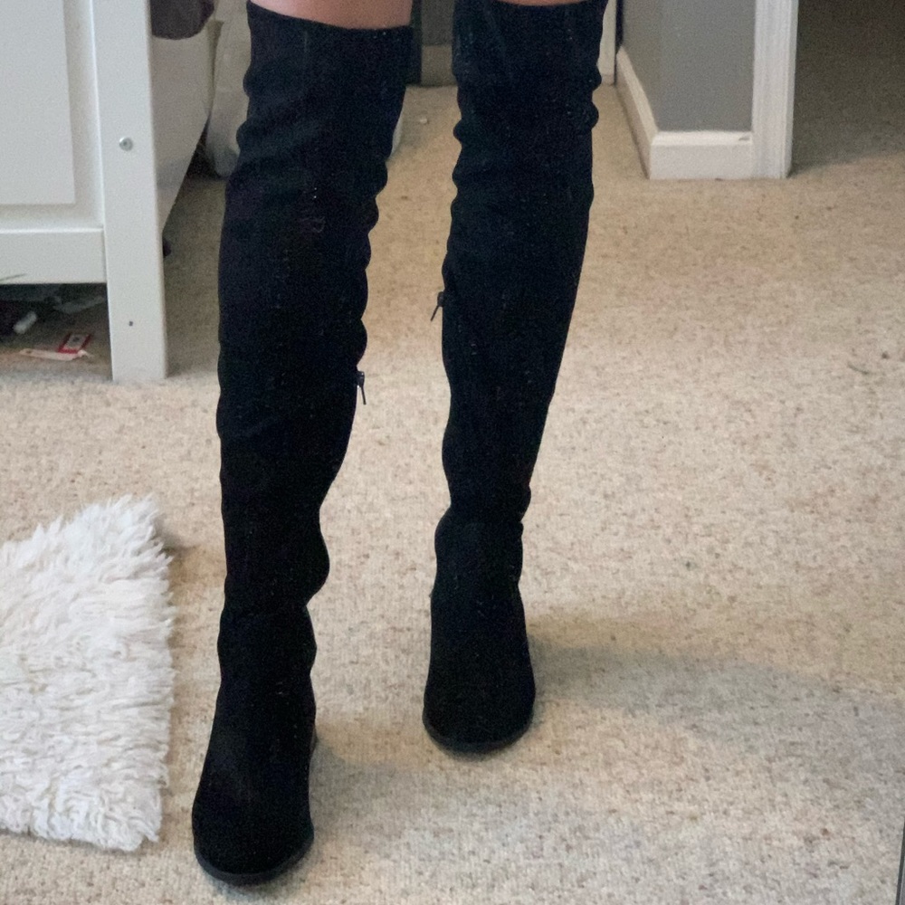 Thigh High Black Low Heeled Faux Suede Boots